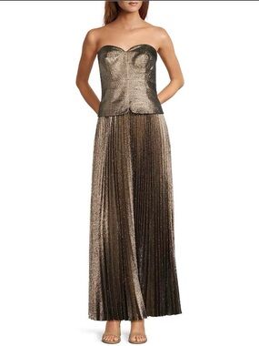 ANTONIO MELANI Metallic Gold Strapless Pleated Evening Dress